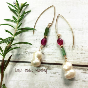 Pink & Green Tourmalines, Freshwater Pearls & 14k Gold Filled Earrings