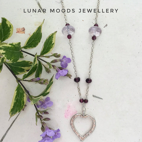 Amethyst, Garnets & Sterling Silver Heart Necklace