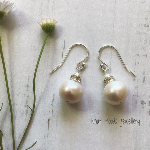 White Pearl Earrings with Crystal Rondelles