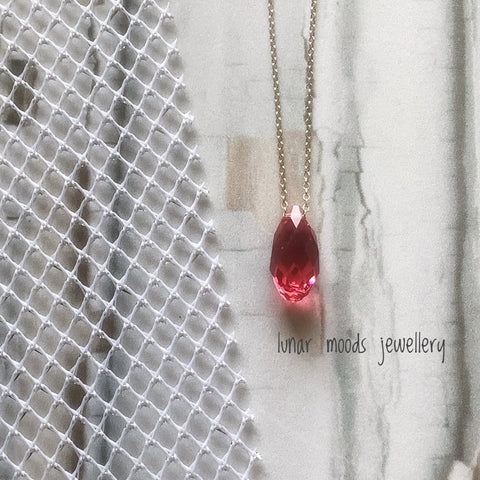 Pink Crystal Briolette Necklace  on Sterling Silver Chain