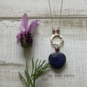Lapis Lazuli Heart & Garnets on Sterling Silver Chain Necklace
