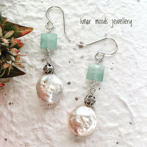 Baroque Coin Pearl & Amazonite Earrings