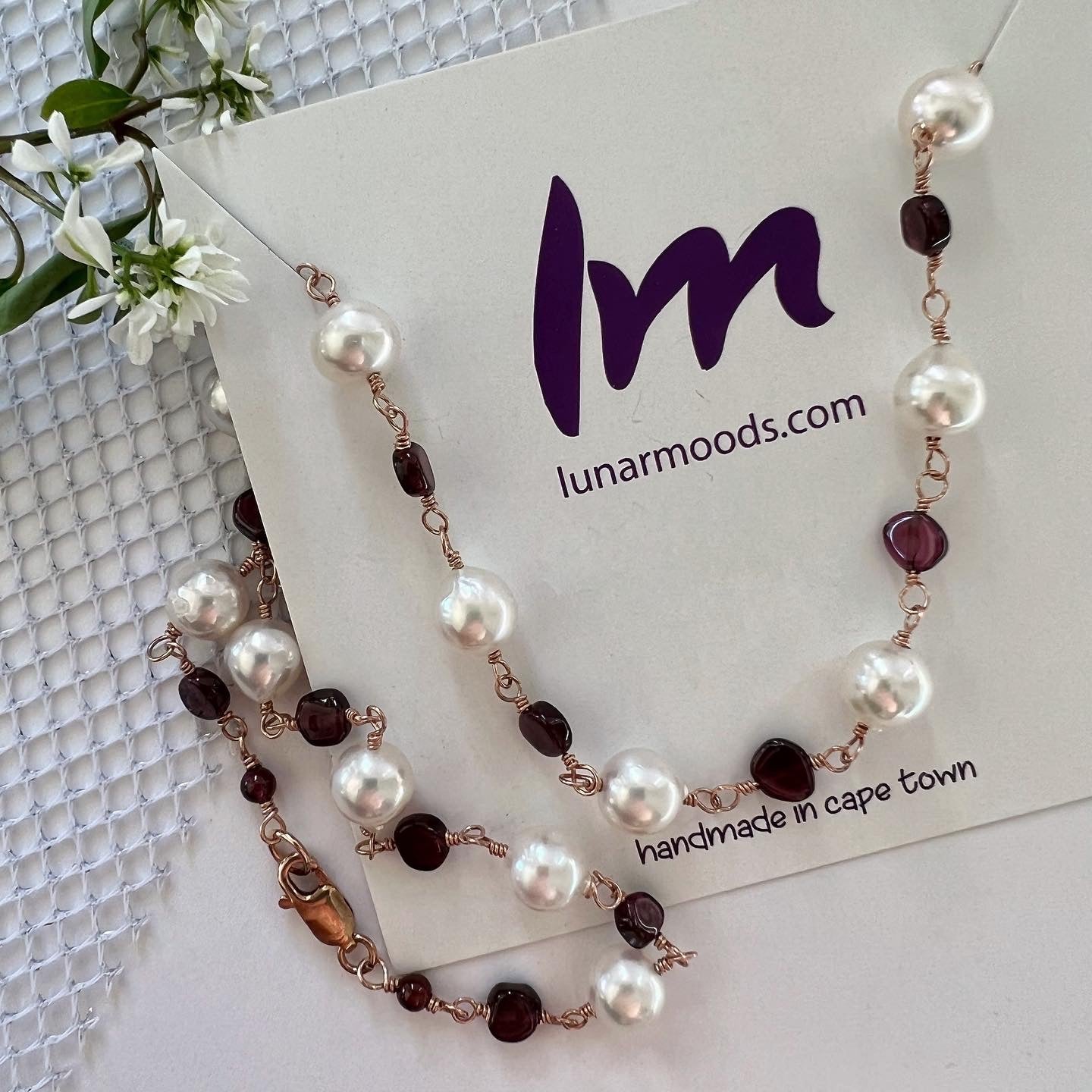 Saltwater Pearl & Garnet Wire Wrapped Necklace