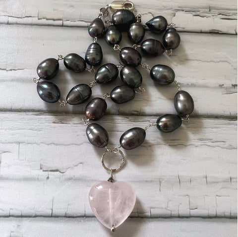 Grey Pearls With Rose Quartz Necklace
