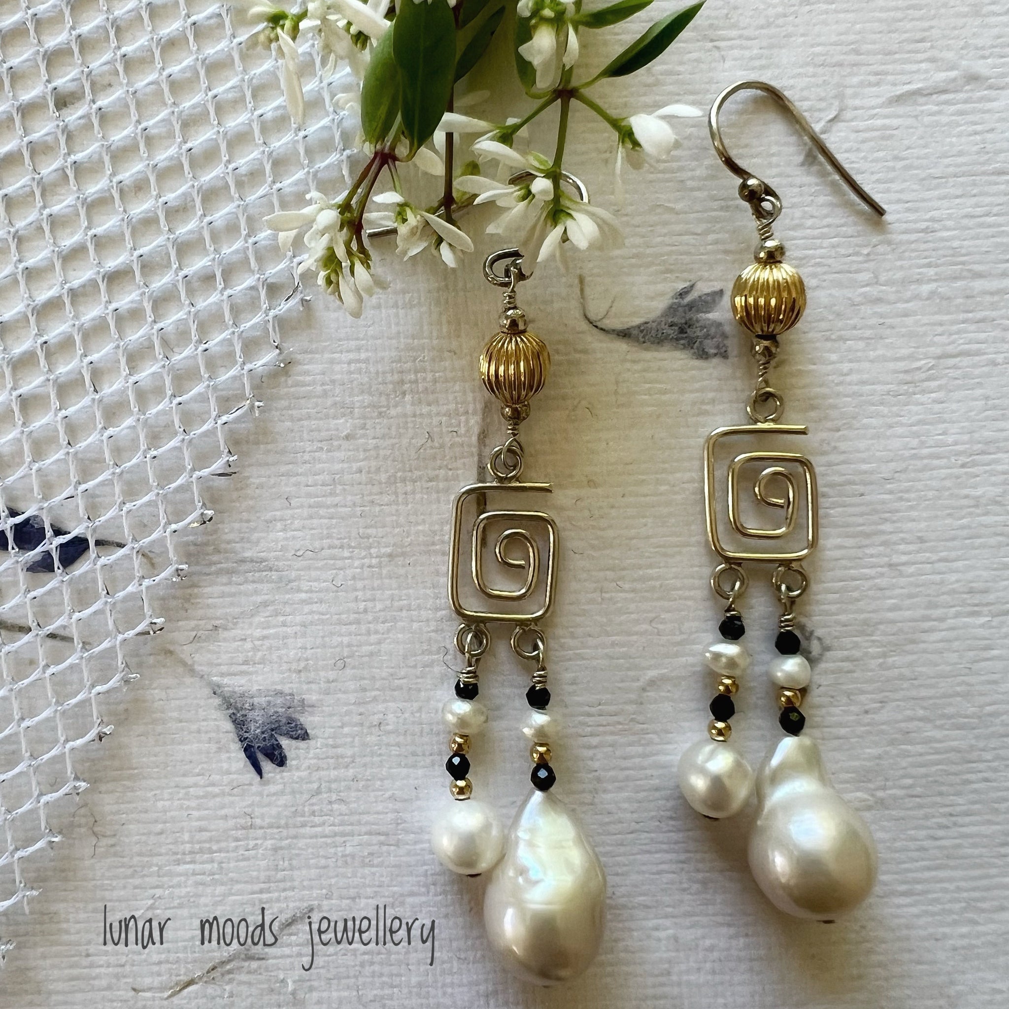 White Freshwater Pearls and Black Spinel Sterling Silver Earrings