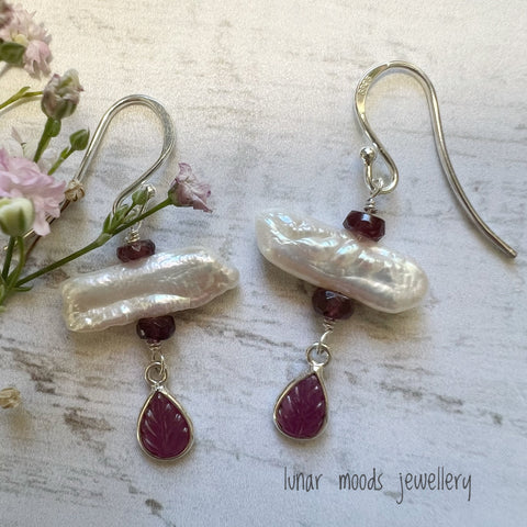 Pink Tourmaline and Biwa Pearl Earrings