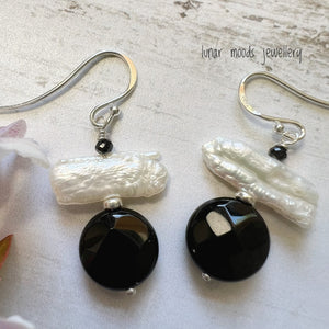 Black Onyx and White Biwa Pearl Earrings