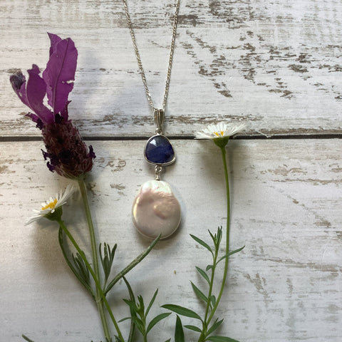 Tanzanite and White Pearl Necklace