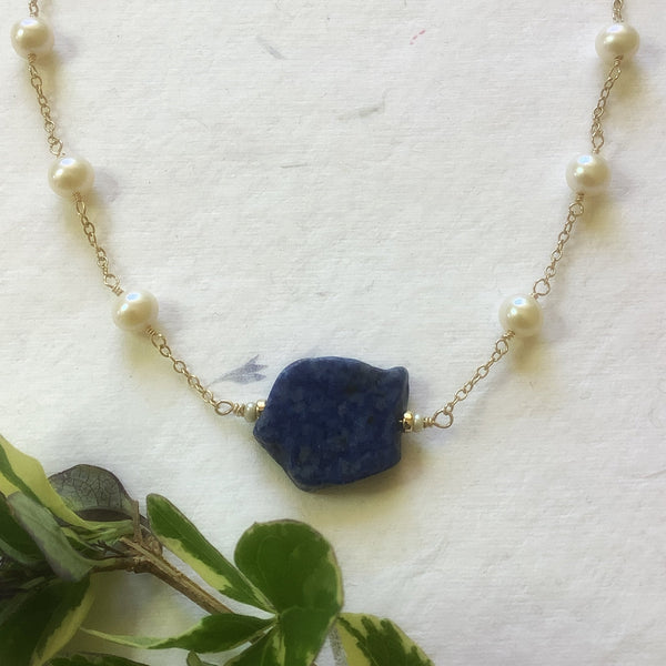 Freshwater Pearl & Lapis Lazuli Gold Filled Necklace