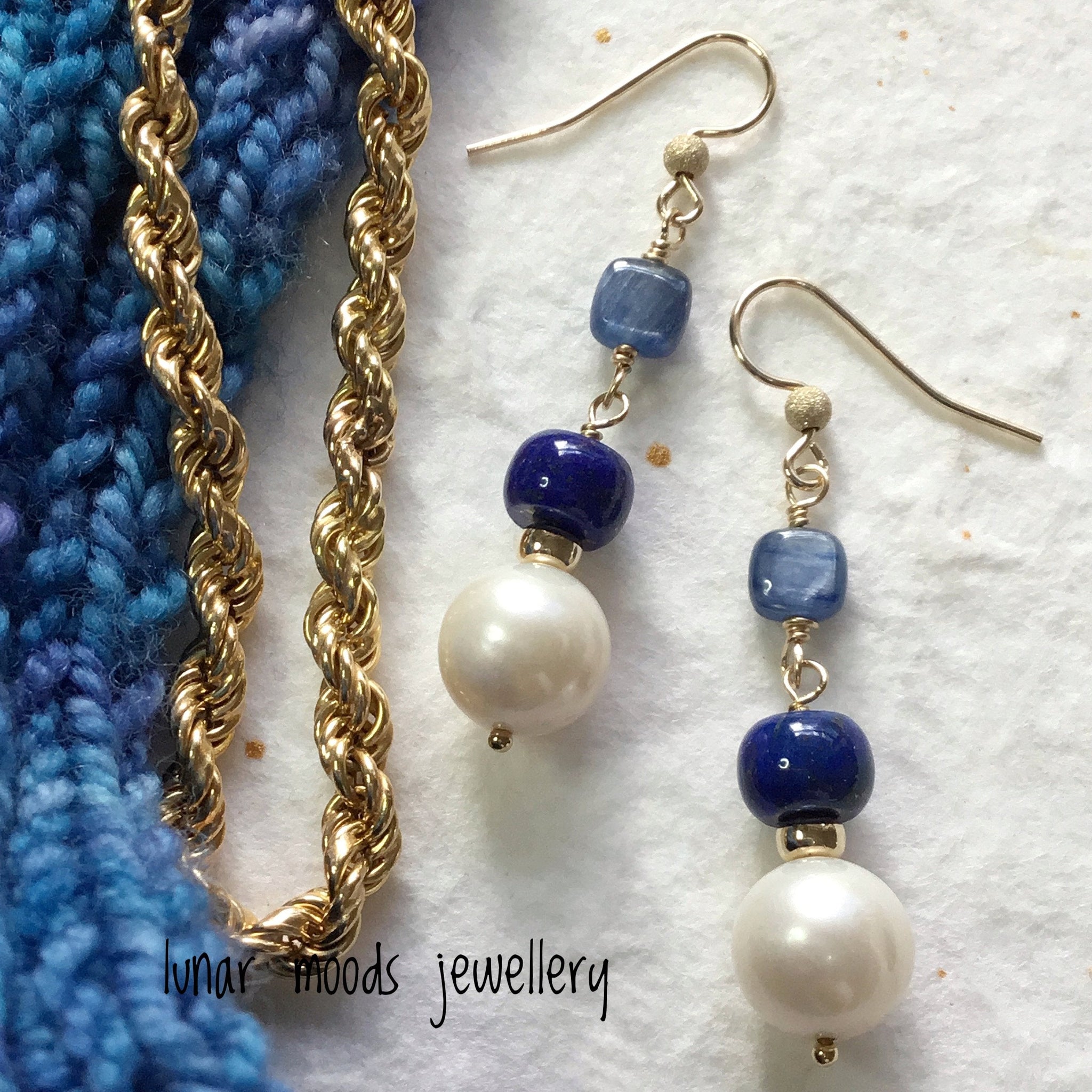 Pearl, Lapis Lazuli & Kyanite Gold Filled Earrings