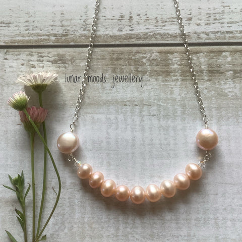 Peachy Pink Pearl Bar Necklace on a Sterling Silver Chain