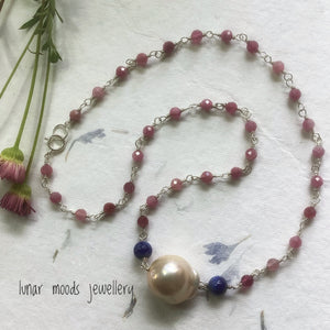 Baroque Pearl, Pink Tourmalines & Lapis Lazuli Sterling Wire Wrapped Necklace